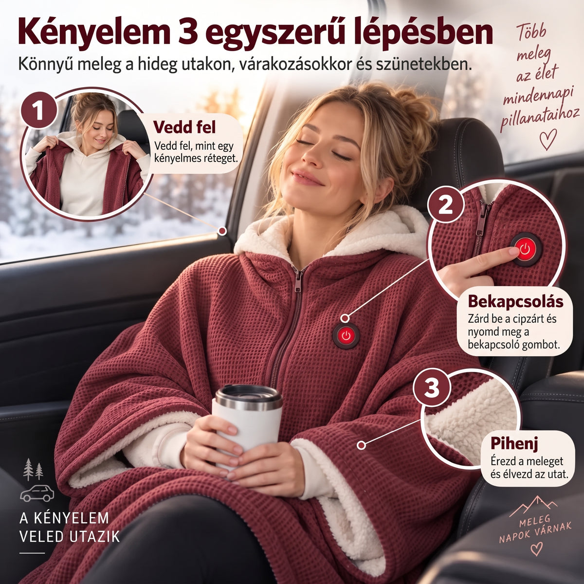 🔥 Viselhető elektromos melegítő takaró – 15 mp alatt felmelegszik, 3 hőfokozat, USB-csatlakozás 🔥 Könnyű, nem csúszkál le, és szabadon hagyja a kezed – otthonra, irodába és utazáshoz 🛋️