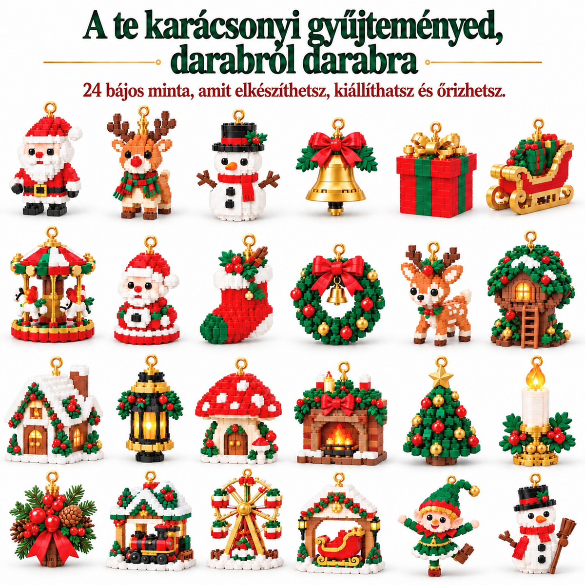 🎅 24 napos karácsonyi adventi naptár építőkockás díszekkel | 24 különböző, felakasztható ünnepi figura karácsonyfára, koszorúra és szezonális dekorációhoz 🧱